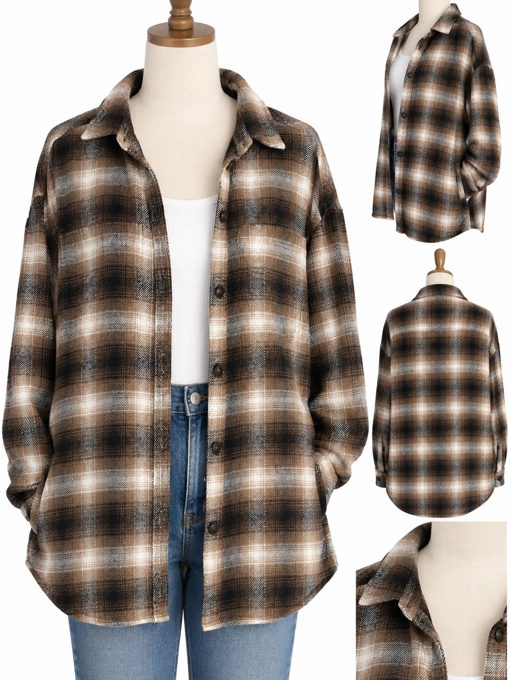 Hollister Women’s M Brown Plaid Flannel Shacket Oversized Button Up Jacket Pocke